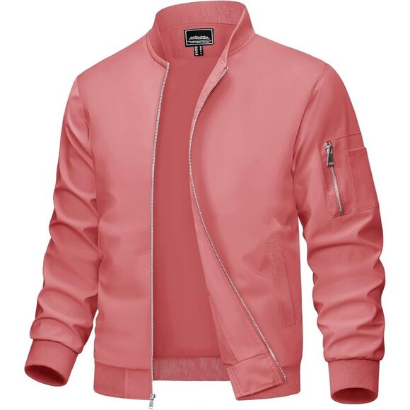 Men's #01 Grey Pink Bomber Jacket Coats Casual Zip Pocket Outwear 5 Pockets